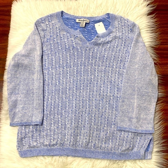 Tommy Bahama Linen Cable Knit Side Slits Sweater Women’s Blue Size L - Picture 6 of 9